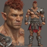 **Character design sheet. Realistic 3d rendering. Character design sheet of a ruggedly handsome, Hyper muscular handsome half orc, bodybuilder, bright silver eyes, short curly red Mohawk, short pointed ears, defined muscles, Huge leg muscles, huge pectoral muscles, big arm muscles, vascular hyper muscular, wide Grecian nose, strong square jaw, defined cheek bones, masculine features, freckles, Bodybuilder, short pointed ears, wearing Roman gladiator armor. --v 7.0** - Image #2 <@1222981214734913607>