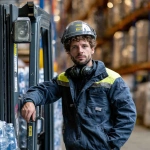 **A male forklift specialist in bright workwear and a helmet, with curly hair and an expressive gaze, standing next to a forklift, leaning on it. In the background, there is a warehouse filled with products neatly arranged on shelves. The scene is softly lit, highlighting the details of his outfit, the forklift, and the products, creating an atmosphere of professionalism, confidence, and a work-focused vibe. --p ud5ebxz** - Image #3 <@1073058804779978844>