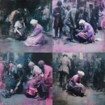 **A fast, strongly colored painting, heavily in tones of pink, white, purple-blue and black, Paris streets, Victorian era, focusing on an old beggar woman, shabby, sad, dirty, begging on the street, sitting, people around her, in a full-screen shot, dark atmosphere. Painted by Jenny Saville** - <@1106776019475636345> (fast)