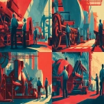 **1940s poster artwork bold flat lines shadows striking colors people building a productivity machine for the future --ar 3:2 --v 7.0** - Variations (Strong) by <@812550296944377857> (fast)