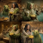 **Oprah Winfrey and a green bear holding corn in a luxury 5 star hotel spa with poor weak African villagers stumble in the indoor hot tub and pool** - Remix (Strong) by <@846201883139375114> (turbo)