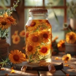 **A clear glass mason jar filled with golden olive oil, calendula flowers, lemon verbena leaves, and tulsi herbs floating inside. The jar sits on a rustic wooden table, surrounded by fresh calendula blossoms and lemon verbena sprigs. Warm sunlight streams across the scene, with a glowing sunstone crystal beside the jar. Hyper-realistic, vibrant, warm tones, natural lighting. --v 6.0 --s 750** - Image #4 <@1090630909448949831>