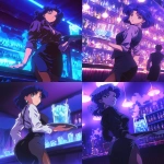**Fuzzy 90s moe chibi kawaii Anime screengrab, A night club filled with smoke and mirrors that reflect the single tsun tsun expression girl standing back a bit walking forward, it's a woman in a business jacket and a long pencil skirt, dark brown stockings, she's carrying a tray with a large pitcher of ice that has glistening blueish square cubes inside and condensation down the glass, her hair midnight blue with purple tips and short cut hair ending around the shoulders --ar 6:7 --niji 6** - <@372629349565988865> (fast, stealth)