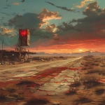 **vast post-apocalyptic desert landscape, abandoned gas station reduced to a distant ruin, fractured highway stretching toward the horizon, scattered wrecks half-buried in sand, low ember sun washing the scene in warm dust light, wide cinematic scale, layered painterly texture, visible grain and rough canvas surface, quiet Mad Max atmosphere, no focal object, no text --v 6.0 --stylize 270 --ar 2:3** - Upscaled (Subtle) by <@517786233657622530> (fast)