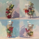 **A surreal still-life of a precariously balanced tower of mismatched vintage chairs, arranged in an impossible gravity-defying structure. The chairs include white wooden chairs, red lacquered chairs, and a green upholstered chair, all leaning and interlocking in an unstable sculpture. Soft natural lighting, pastel wall background, gentle shadows on the floor. Highly detailed, painterly aesthetic, realistic textures, whimsical and poetic atmospher** - <@1247660892770795582> (fast)
-# Create, explore, and organize on [midjourney.com](<https://midjourney.com/imagine?from_discord=1>)