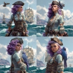 **ocean with pirate ships, female pirate captain with lavender hair wearing stylish pirate hat, parrot on shoulder, distant english warship --chaos 5 --exp 10 --oref <https://s.mj.run/dQEyJiM8-VU> --ow 75 --stylize 150 --v 7.0** - <@281826490209796096> (relaxed)