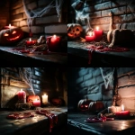 **<https://s.mj.run/C4JWowKI4Hk> A realistic photograph featuring a close-up of a wooden table surface in the foreground, scattered with melted red candles, dried twigs, and bits of straw. In the background and surrounding areas, moody Halloween-themed decorations such as carved pumpkins with glowing faces, spider webs on white walls, and dim, flickering lights. The atmosphere is eerie and shadowy, with warm candlelight casting soft glows on nearby textures. --s 550 --v 6.1 --c 10 --cref <https://s.mj.run/C4JWowKI4Hk>** - <@437658373576720385> (fast)