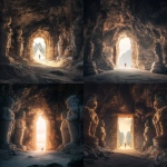 **In the cave, there is an ancient gate with stone statues on both sides of it. The door shines in light and shadow, creating a mysterious atmosphere. A person stands at its entrance, gazing into the distance. In front of him lies an endless road leading to unknown freedom. High-definition photography, ultra-wide-angle lens, wide perspective, natural lighting, warm tones, static composition, in the style of . --ar 13:16** - <@264129597782753313> (fast)