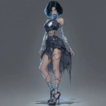 **fantasy concept character, there is a hole in her chest and you can see her heart and inside of her chest there are spiderwebs, she looks sad, she has short black hair with blue strikes, wearing rags and gladiator heels --v 7.0** - Image #2 <@450898678975168513>