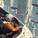 **A pilot in an orange and white spacesuit sits inside the cockpit of their spaceship, with many other spaceships parked outside, on top of a tall futuristic building, in the style of Atey Ghailan and Craig Mullins, a sci-fi illustration. --ar 51:64** - Image #1 <@264129597782753313>