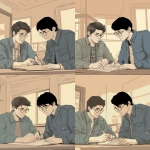 **Ghibli style graphic of 3 male college roommates contently doing a project together at a table. --v 5.0** - Variations by <@1090435486935433258> (fast)