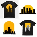**tokyo skyline silhouette, bold yellow rectangle sun setting behind the buildings, minimalist japanese-inspired t-shirt design, clean sharp lines, modern streetwear graphic, urban aesthetic, centered composition, no background, white backdrop --v 7.0 --ar 1:1 --raw** - <@559495662253899776> (fast)