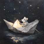**A white folded paper boat sails through the night sky. In the boat is a silver-furred mouse wearing a folded paper cap and holding a silver sextant. The boat gives off a glowing aura. The background is a starry sky against a dark void. Ammonite amanita Highly realistic painting. --v 7.0** - Image #3 <@1071135204846096475>