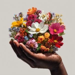 **Create a beautiful artwork of an extremely realistic photograph depicting a brown skin male hand model cupped, holding a hand full of radiant bright colored flowers of all kinds . White background, extremely detailed, highest resolution and vibrant colors** - Image #2 <@1103816835914276934>