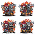 **Ad for Axe throwing company. A skeleton Lumberjack, wearing a Red Buffalo Plaid Beanie and Shirt and a Skeleton Viking Wearing Body Armor fighting each other with axes. Fierce, Angry, Flames, Skulls, Crows, Cartoon, Thick Black Outline, White Background, Sticker, Vector --v 7.0** - Variations (Subtle) by <@1067982535730151454> (relaxed)