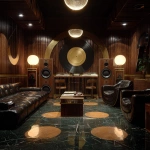 **Surrealism 1970s abstract luxury music lounge, black gold brown colors rich colors, luxury, hd quality , vinyl showing, low lighting, leather conversation pit, tall abstract speakers, vinyl records , bar lounge included** - Image #4 <@951239260281913364>