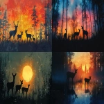 **silhouette of a family of deer in the woods at sunset double-exposure borealis background the forest and the deers silhouettes:: foxfire --ar 5:3** - <@221464526434992128> (fast)