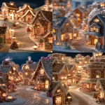 **an enchanting gingerbread village at night, glowing with warm golden light from inside tiny candy windows; each gingerbread house perfectly crafted with crisp baked edges, thick icing trim, gumdrop chimneys, peppermint doors, and swirling frosting rooftops dusted with powdered-sugar snow; glowing Christmas lights wrap around candy cane lamp posts and frosted cookie fences; magical snowflakes fall gently from a dreamy winter sky, each flake shimmering like stardust; caramel pathways wind through the village, reflecting the warm glow of gumdrop lanterns; miniature gingerbread people walk through the scene, holding tiny gifts and wearing icing-decorated scarves; soft smoke curls from cotton-candy chimneys; the atmosphere feels alive and whimsical, filled with sparkling magic; ultra-detailed textures, cinematic lighting, warm cozy holiday mood, hyper-realistic fantasy aesthetic --ar 9:16** - <@228720634434289665> (fast)