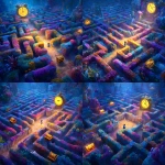 **A vast, colorful maze where a person sits sadly at a dead end, crying in disappointment. Hidden from their view, several glowing treasure chests are scattered throughout the maze. Above the labyrinth floats a bright digital timer. The scene is cheerful and heartwarming despite the moment, filled with sunlight, vibrant colors, and a magical Disney-style atmosphere, in the style of a Disney animated movie, whimsical and hopeful mood, highly detailed, cinematic composition.** - Variations (Strong) by <@1293468415985451029> (fast)