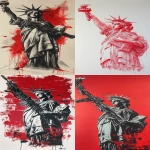 **Statue of Liberty militarized, wearing tactical gear and shooting her rifle. The USA is malevolent leviathan landscape lithograph. The United States government cannot provide weapons to countries that violate internationally recognized human rights or block USA humanitarian aid. That is not my opinion; that is what the law says. boycott empire. panorama. red blue white, ink on paper --chaos 9 --ar 5:11 --stylize 69 --v 6.1** - <@997642394319208529> (fast, stealth)