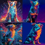 **a neon turqiose, orange , pink ,Austrailian miniature shepherd x pomerainian , one blue eye, short nose, sitting , psychedelic, blue background , acid visuals , artwork in the style of Dan mumford , bright glowing image --v 7.0** - <@1006545549706666017> (fast)