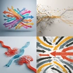 **design thinking divergent paths, multiple solutions to same problem, arrows pointing different directions then converging to innovative third solution, abstract visualization, professional style --ar 4:3** - <@794327127260266516> (fast)