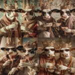 **Ultra HD profile photo of two prince cows, wearing royal clothes and scarves, wearing crowns with lots of gems on the crown, wearing sunglasses, wearig expensive watches, wearing bling bling. the two cows are at a party and are holding their arm out with drinks in their hands doing a cheers motion to celebrate. background is decorated with a royal theme. taken with a cannon eos, hyperrealistic, natural lighting --ar 2:3 --raw** - <@1103975769467789322> (relaxed)