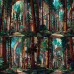 **round futuristic Venetian towers, structural vibes from an alien planet, mixed into a forest of redwoods that look like cathedral columns, paths wander into the vibrant secret gardens, sun cast through** - Variations (Strong) by <@1182158818818400348> (fast)