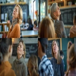 **a cool elegant middle age female school teacher is showing pain in her face . Her eyes are shut and she is standing at the blackboard with her back to the students in the classroom. The classroom is modern, brightly lit and warm. 65 mm, realism image, A hyper-realistic, highly detailed daytime scene, atmospheric lighting, volumetric lighting, rich in detail, Leica Q2, photography, high quality, --no blurry, low resolution, cartoonish, unrealistic reflections, distorted, low-poly, washed-out colors, artifacts, overexposed, watermark, --ar 16:9 --v 6.0** - <@1088739679458824253> (fast)