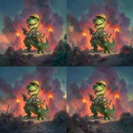 **a green Tyrannosaurus rex cartoon, wearing a construction hat, smiling dinosaur, holding power tools, volcanoes in the background --v 7.0** - Zoom Out by <@613776001259798675> (fast)