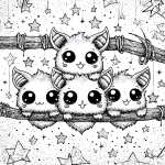 **tiny bat family hanging upside down, big eyes, cute smiles, surrounded by stars, thick black lines, coloring book page, a4 --v 7.0** - Image #1 <@437878260013989888>