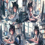 **Cute anime-style anthropomorphic black cat girl, big sparkling eyes, frantically typing emails, flustered expression, stylish school-uniform-inspired outfit, sitting at a messy office desk, digital clock showing time pressure, pastel color scheme, dynamic anime motion lines, expressive face, soft cel shading, 2D anime illustration, --ar 16:9 --v 6.0** - Variations (Strong) by <@920522971204956200> (fast)