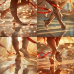 **Hyper-realistic close-up of a young rhythmic gymnast’s legs and feet in authentic rhythmic gymnastics shoes (soft beige slippers with open heel and closed toe), captured in motion as she spins gracefully on her toes. The perspective emphasizes dynamic movement and tension in her legs, with soft golden sunset light reflecting on the glossy floor. Subtle sparkles of rhinestones fall from her costume above, hinting at her glamorous outfit. Background blurred with warm bokeh, cinematic atmosphere. A flowing red ribbon curves into the frame, adding elegance and energy. Shot in the same dreamy, cinematic, golden-hour style as the second scene. --ar 9:16 --v 6.0 --raw** - <@1090995563744477184> (fast)