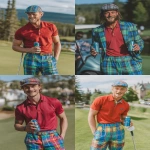 **Realistic photo of a 25-year-old Caucasian male golfer on a real golf course, wearing bold blue and green plaid pants, a red polo shirt, and a plaid newsboy cap. He’s smiling naturally, showing one gold tooth. Holding a driver in his right hand and a slim beverage can in his left hand. Realistic skin texture, light stubble, confident posture. Daylight, soft shadows, no filters. Candid style photo taken with a Canon EOS R5 and 85mm lens, shallow depth of field, natural color, no retouching. Looks like a professional lifestyle shoot for a golf brand ad. --v 7.0 --ar 3:4 --quality 2 --s 250 --no illustration, painting, fantasy, anime, 3d, cgi --raw** - <@896806669613408316> (fast)