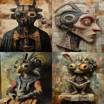 **An occult medieval archaizing totemistic biomechanical apocalyptic animalistic fantasy figure, eclectically combined with stone, wood, metal, fur materials, a pop art caricature-like extraterrestrial portrait painting Painted in the style of Carlo Bugatti, Jeff Koons, Picasso, Leonardo Da Vinci. --ar 2:3 --v 6.1** - <@1177255865196220426> (fast)