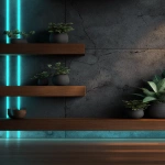 **ultra realistic background design with dark brown wood and stone materials like it's modern flat house room wall with flat surfaces and shelf edges. There are some house plants. There are turquoise gorizontal and vertical neon stripe lines on the photo providing soft lighting. 4k quality --ar 3:4 --v 7.0** - Image #2 <@666660616144027648>
