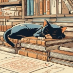 **Black cat sleeps on a pile of books about Cosmography --sref 875603842 --ar 4:5** - Image #1 <@948741381743083580>