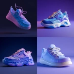 **Minimalistic funny cheerful cute 3d sneaker from the outside. Smooth plastic textures. Pure colors, realistic textures. Dark background without shadows. Blue and purple shades. Studio lighting. Clay. Bright colors. Light wind --v 7.0** - <@1344601249827258441> (relaxed)