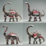 **a 3d rendered image of an industrial-style diplodocus robots with a glass chest head and iraq flag colour scheme metallic metal, an ultra-detailed illustration in the style of Atey Ghailan and Jacek Yerka, ultra-high resolution, in a dynamic pose, 4k --ar 13:20 --v 7.0** - Variations (Strong) by <@1087506013407695028> (relaxed)