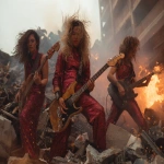 **heavy metal femmerock reptilian 80s hair bandsaw sawing through electric guitars, sparks and debris flying everywhereas the band plays down with the thickness --p djcuvnt --ar 4:3** - Image #1 <@948741381743083580>
