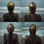 **a cinematic still of the back view of a female warrior wearing an ancient golden helmet, standing on a beach with waves in the background. she is wearing dark gold and black with a floral pattern, in the style of tim walker. the shot is ultra-wide and symmetrical in composition, with a cinematic film grain effect. --ar 29:27 --v 7.0 --p 7t8d38w** - <@995751013732581408> (relaxed, stealth)