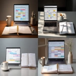 **A clean, minimalist desk setup with a laptop showing a color-coded Google Calendar. A coffee cup and a planner with neat block schedules are on the side. The lighting is soft and productive. --ar 16:9 --raw** - <@1331803127602614274> (fast)