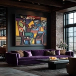 **a large framed figurative painting in the style of cubism by picasso, hanging on a dark wall above a modern purple velvet sofa in a contemporary hotel lobby. the lobby features dark wood and brick walls, large windows with a city view, moody lighting, and muted colors. this image appears to be an editorial photo shoot for architectural digest magazine, with a hyper-realistic aesthetic. --ar 9:16** - Image #1 <@1313000520759377972>