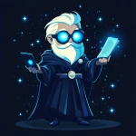 **Futuristic legal wizard mascot, glowing blue eyes, wearing a judge robe mixed with a wizard cloak, holding a digital scroll and a smartphone, cartoonish but clean, high-tech magical vibe, flat design - vector art --s 250** - Image #3 <@844314166369583134>
