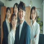 **Team of Japanese office staff including beautiful women and a handsome man smiling together in a bright clean office, teamwork, trust and happiness, natural lighting, cinematic recruitment advertisement photo, friendly and professional image --ar 16:9 --v 6.0 --raw** - Image #4 <@1074578484602601522>