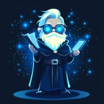 **Futuristic legal wizard mascot, glowing blue eyes, wearing a judge robe mixed with a wizard cloak, holding a digital scroll and a smartphone, cartoonish but clean, high-tech magical vibe, flat design - vector art --s 250** - Image #4 <@844314166369583134>