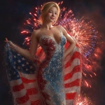 **an ultra realistic, highly detailed, photographic image of a beautiful red, white and blue shimmering gown, worn by gorgeous, standing young woman with blonde hair, barely touching her shoulders. A smile is on her lips. She is holding an American flag in one hand as brilliant red, white and blue fireworks fill the background behind her. HD, v 7.0 --v 7.0** - Upscaled by <@1327691479602298971> (relaxed, stealth)