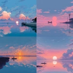 **water horizon with a sunset anime, Chinese modern style, Hayao Miyazaki anime style flat pastel colors illustration childrens** - <@712864374863429683> (fast)