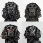 **Adult Cockerspaniel show dog, fur colour black, facing forward, relaxed mood, eyes looking directly into the camera lens, in focus, head shot, indoor studio lighting, white background, portrait, one key light and two fill lights to brighten the entire face, photorealistic--v7.0 --v 6.0** - <@961150162703626290> (fast)