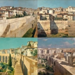**a cityscape of ancient rome, with the walls and buildings of the roman aqueduct in view. the houses on one side have white or beige-colored plastered facades. in front is an outward-projecting wall with steps leading to it. it's summertime, in the style of piero della francesca. --q 2 --v 7.0** - <@692066457164709888> (relaxed)